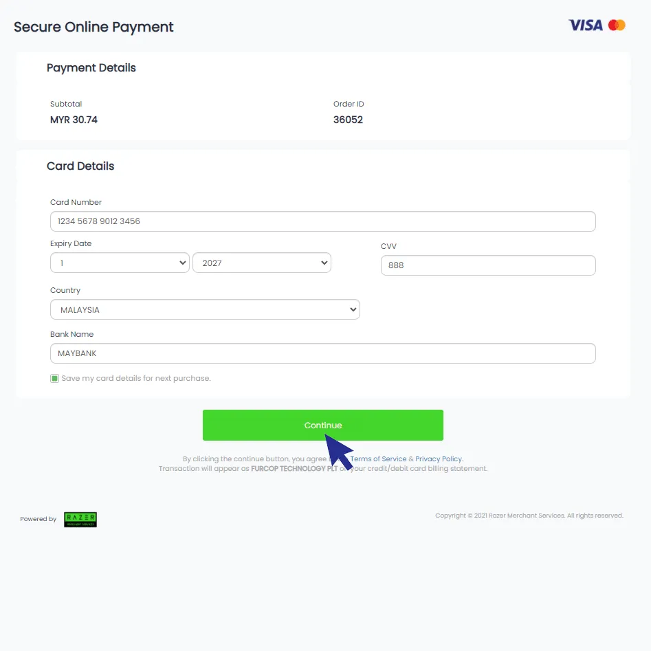 Card Payment Details payment methods