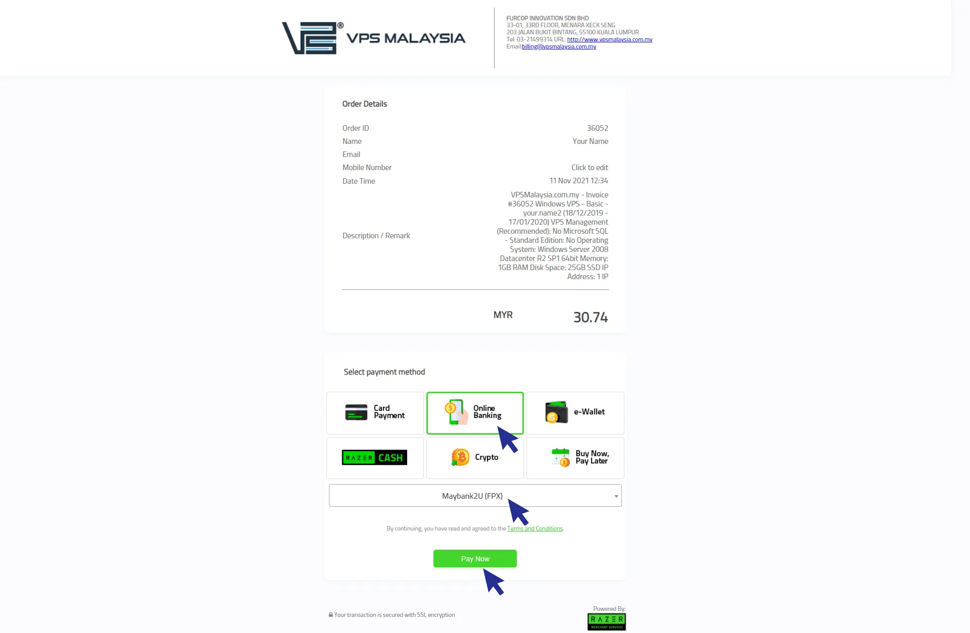 Online banking and pay now to proceed