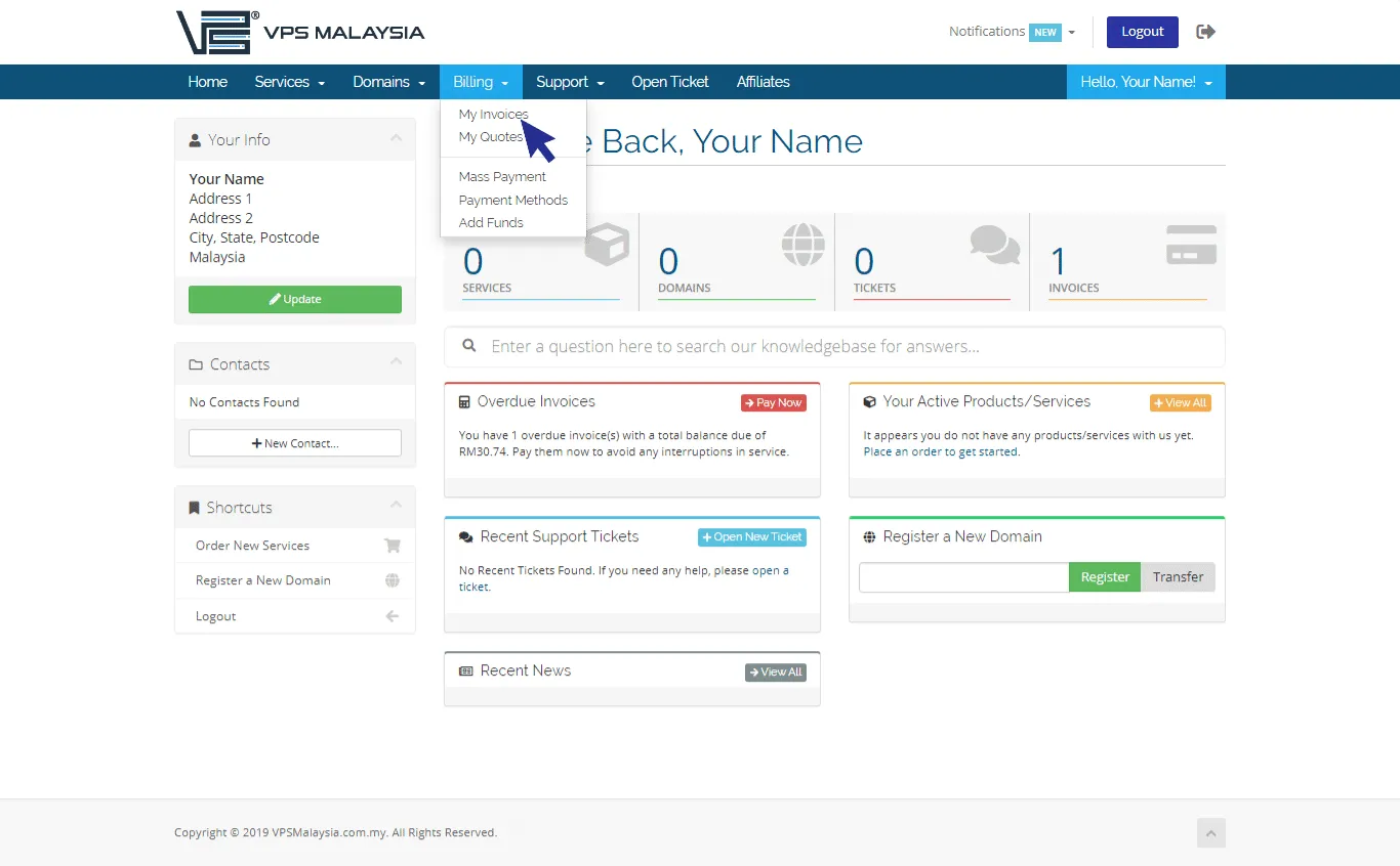 Click my invoices under billing option at client area
