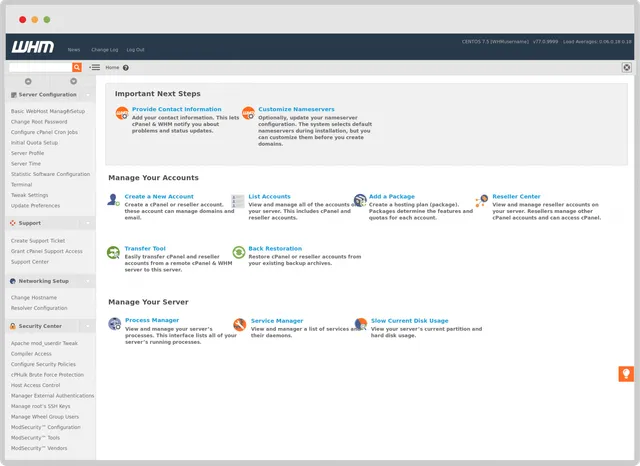 whm dashboard cpanel vps