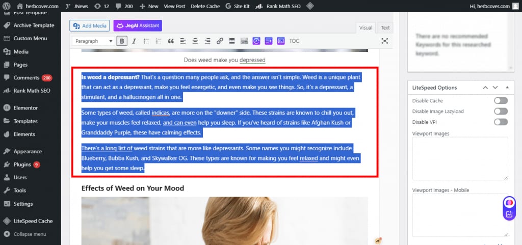 Highlight text in visual editor