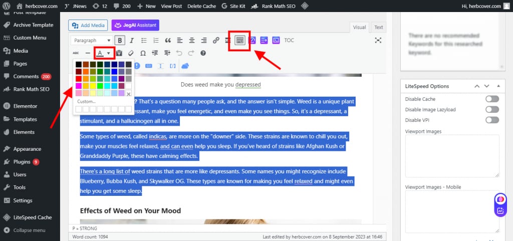 Select the color palette in the classic editor