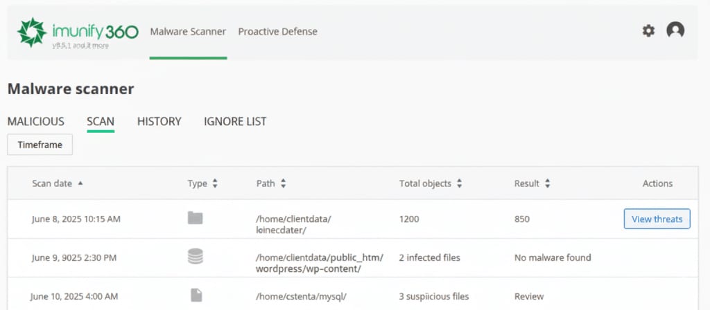 Scan tab under Malware scanner in Imunify360