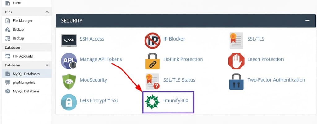 Imunify360 option inside cPanel