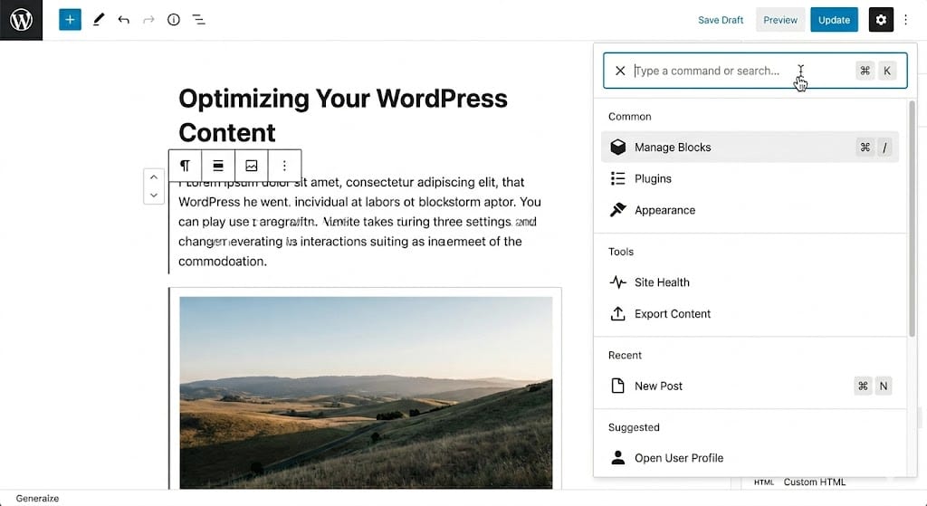 WordPress Expanded Command Palette Section
