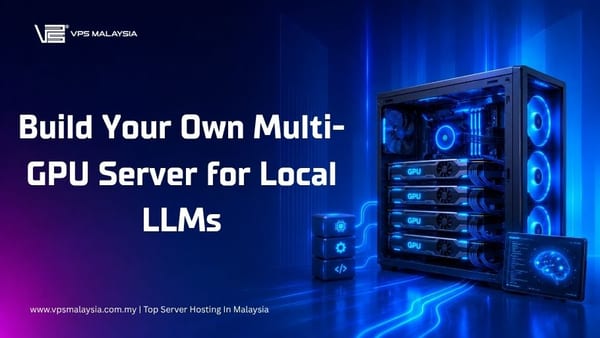 Illustration showing a multi-GPU server for local LLMs: two 24 GB GPUs with a quantized 70B model split across them, supported by a CPU with enough PCIe lanes, 64 GB of RAM, a 1600 W power supply and NVMe storage