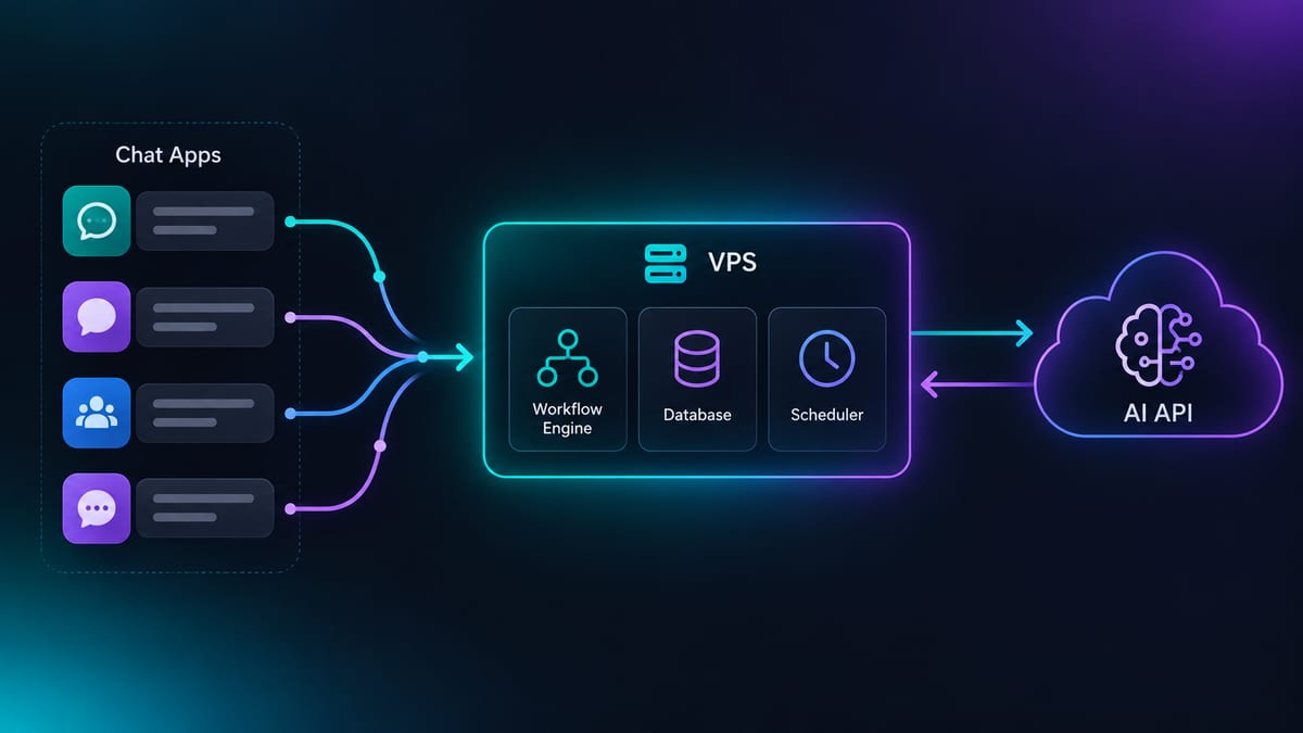Diagram of an AI automation bot on a VPS connecting chat apps to an AI API.