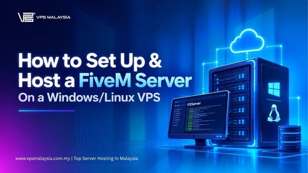 FiveM server hosting guide cover showing a server, Windows and Linux symbols, and FXServer interface