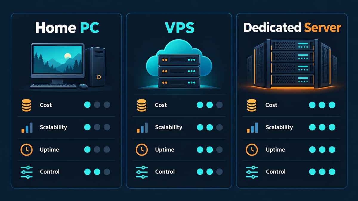 Conceptual side-by-side illustration of a home PC, VPS and dedicated server for game hosting
