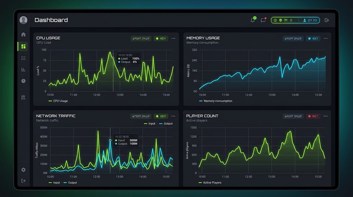 Illustrative dashboard panels for game-server CPU, RAM, network traffic and player count