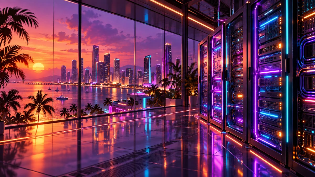 Illustrated server racks beside a neon city skyline, representing a possible future game-server setup