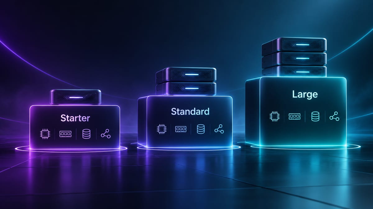Illustrated starter, standard and large game-server planning tiers without measured performance values