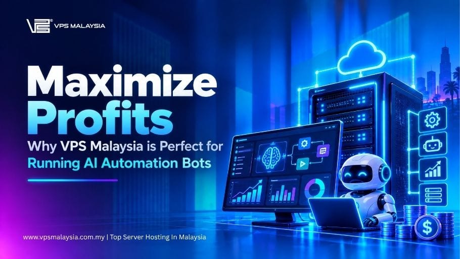 VPS Malaysia hosting concept for AI automation bots, with a server, robot and workflow dashboard