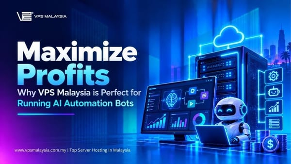 VPS Malaysia hosting concept for AI automation bots, with a server, robot and workflow dashboard