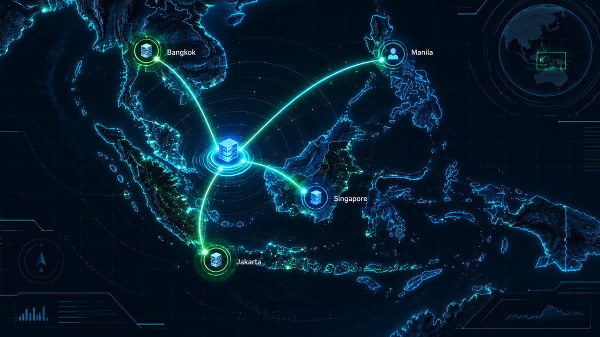 Map illustrating connections from a Malaysian VPS to users across Southeast Asia.