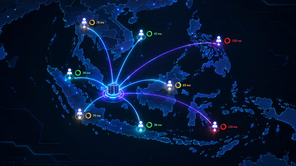 Stylised Southeast Asia network map with illustrative, unmeasured latency labels