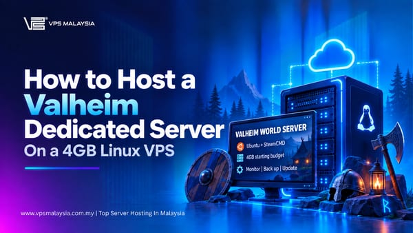 How to host a Valheim dedicated server on a 4GB Linux VPS, illustrated with Linux server hardware and Viking-themed scenery