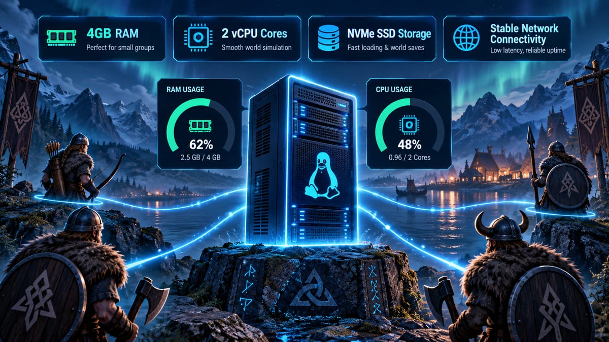 4GB Linux VPS resource infographic for a Valheim dedicated server with 2 vCPU cores, NVMe SSD, RAM and CPU usage meters, and Viking players connected to the server