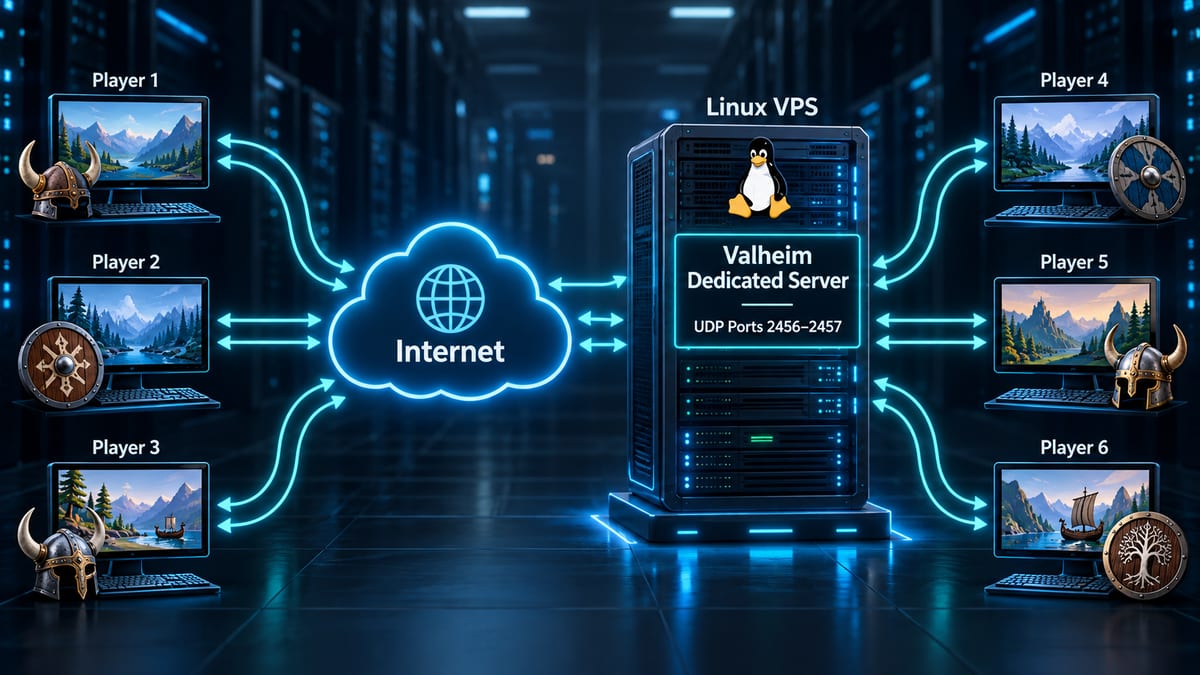 Valheim dedicated server network diagram showing multiple Viking-themed players connecting through the internet to a Linux VPS using UDP ports 2456 to 2457