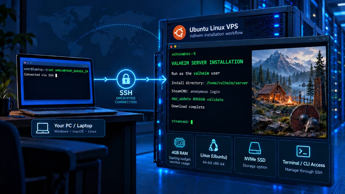 PC connecting through SSH to an Ubuntu Linux VPS while SteamCMD installs a Valheim dedicated server, with 4GB RAM, NVMe SSD, Linux, and terminal access