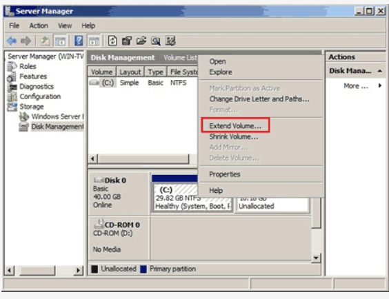 Extend disk partition Windows 2008