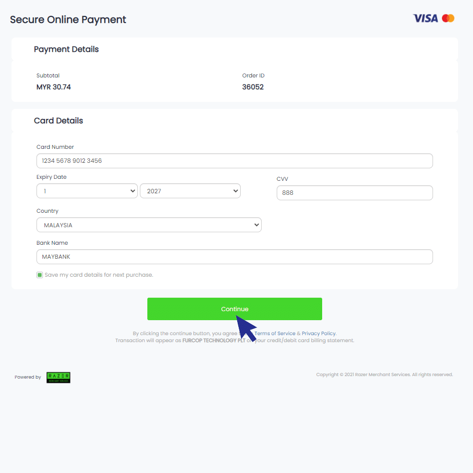 Card Payment Details payment methods