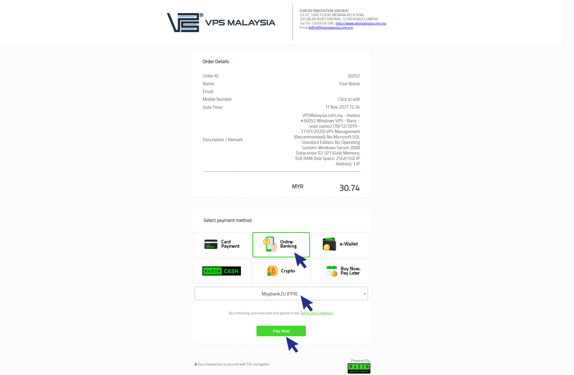 Online banking and pay now to proceed