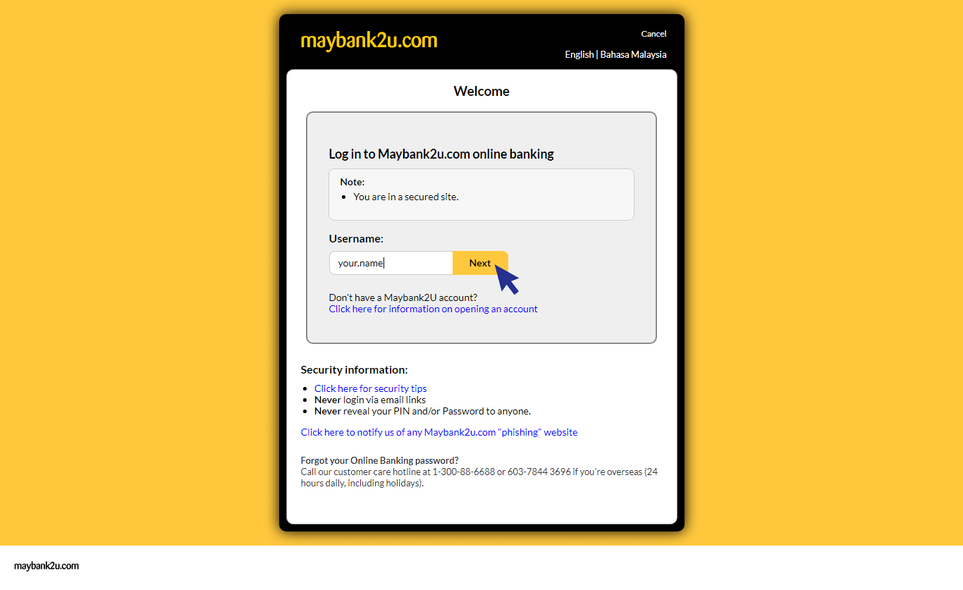 Insert username and password after login maybank2u site
