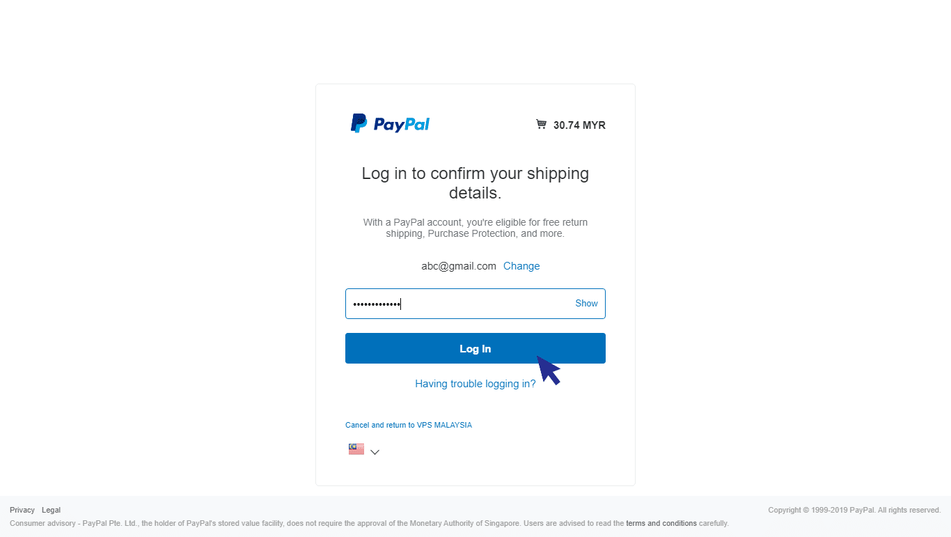 Login PayPal to proceed payment