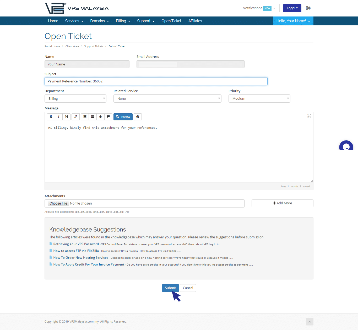 Submit ticket to billing department with receipt attachment for verification process