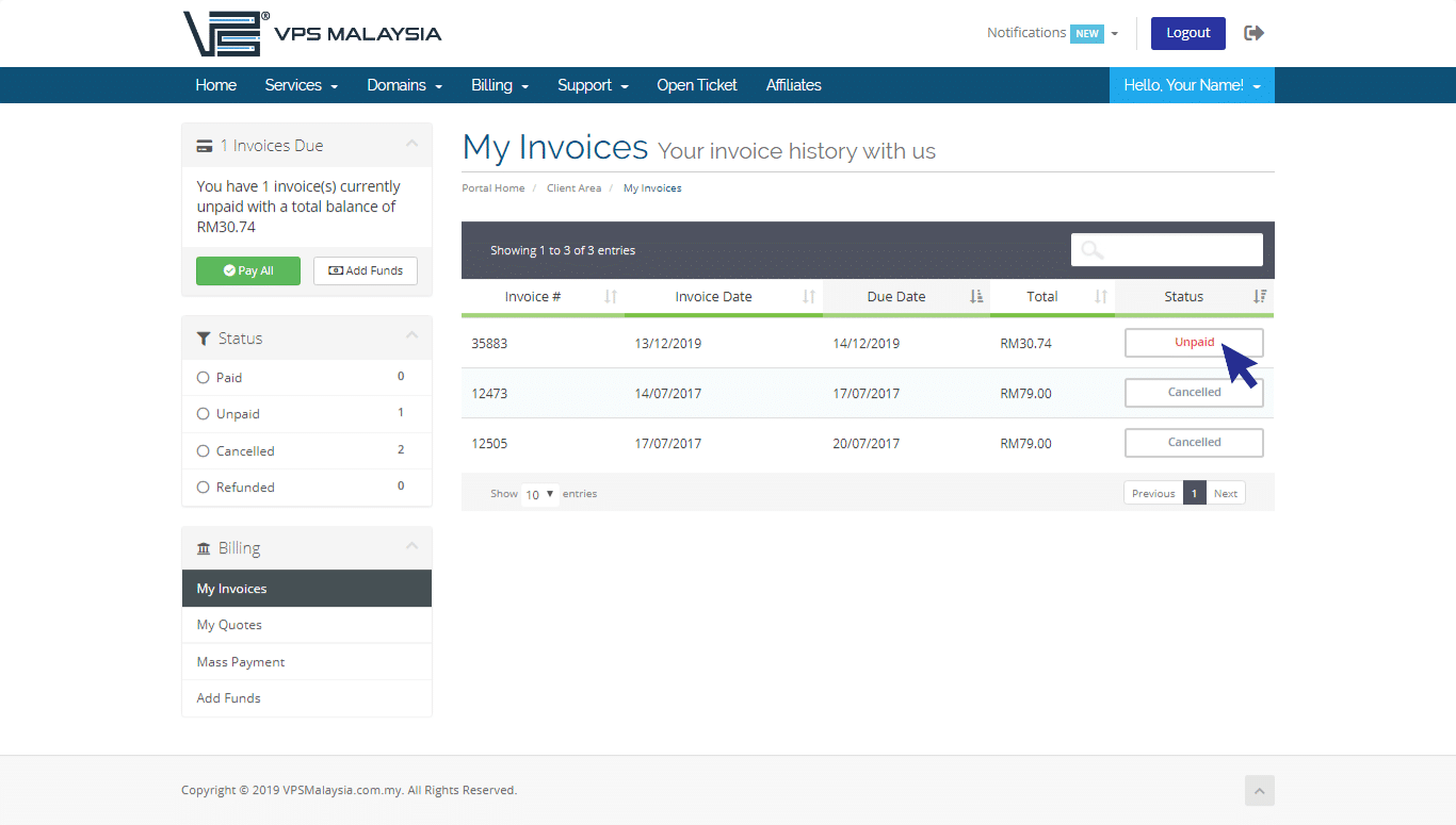 Choose unpaid invoice under my invoice at client area