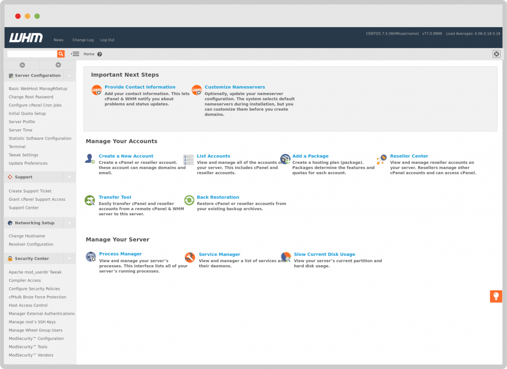 whm dashboard cpanel vps