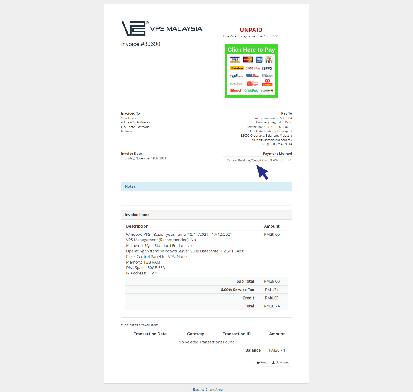 Online banking unpaid invoice