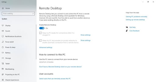 Enable Remote Desktop on Windows 10