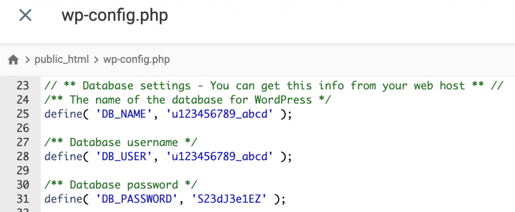 The database details inside wp-config.php file