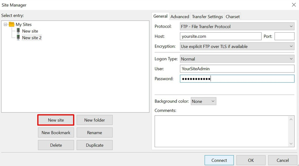 Connect new site to FileZilla