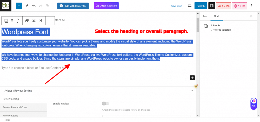 Text Selection in WordPress