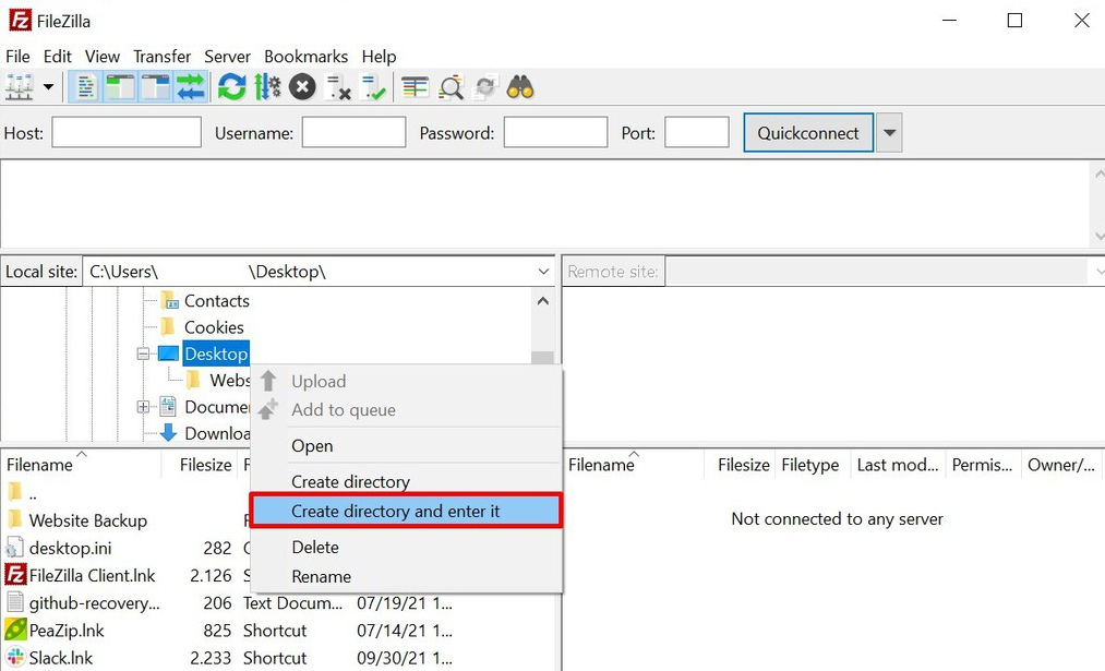 Create directory and enter it on FileZilla