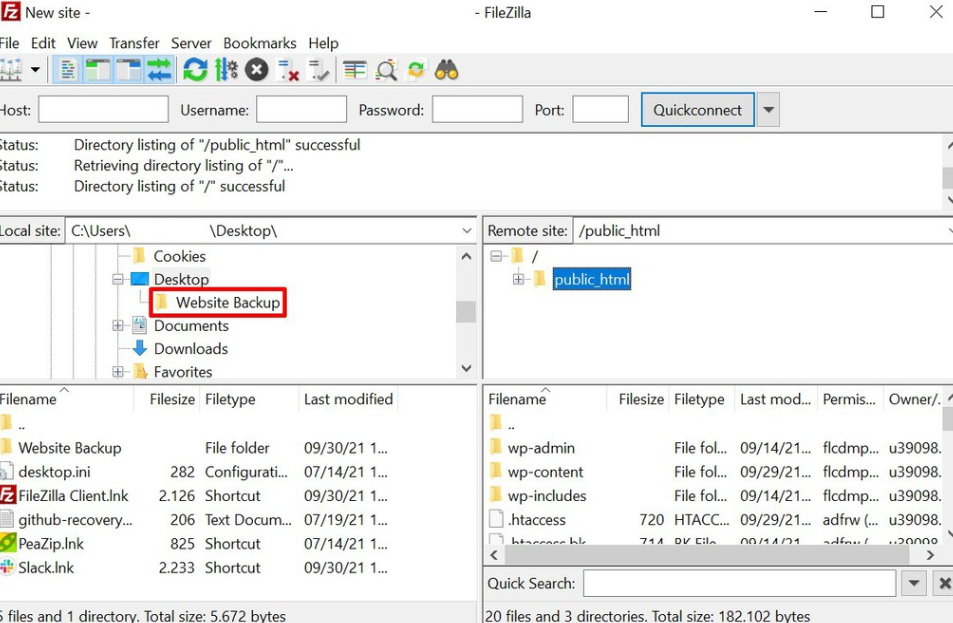 Drag public_html folder to Website Backup folder