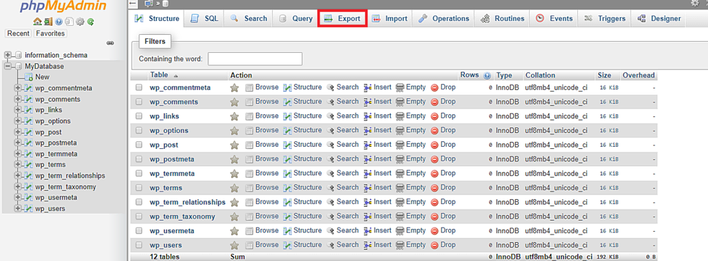 Export database via phpMyAdmin