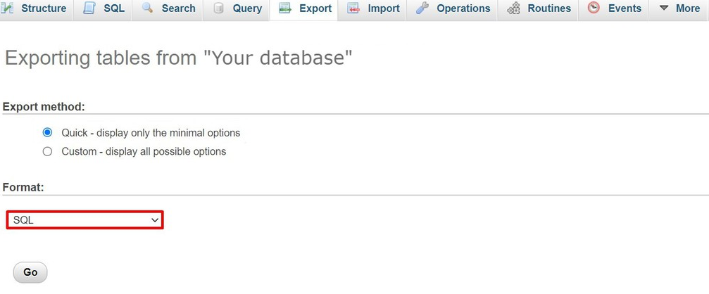 Choose Quick export and SQL format