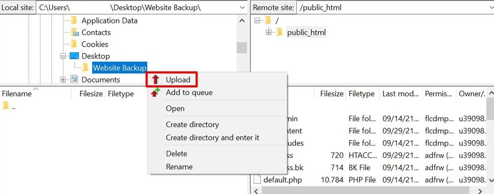 Upload Website Backup files via FileZilla
