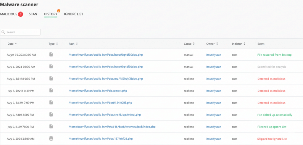 Secure Your Website with Imunify360 and VPS Malaysia Hosting 9 History tab under Malware scanner in Imunify360