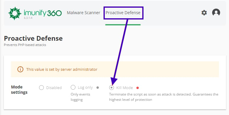 Secure Your Website with Imunify360 and VPS Malaysia Hosting 12 Kill Mode under the Proactive Defense tab in Imunify360