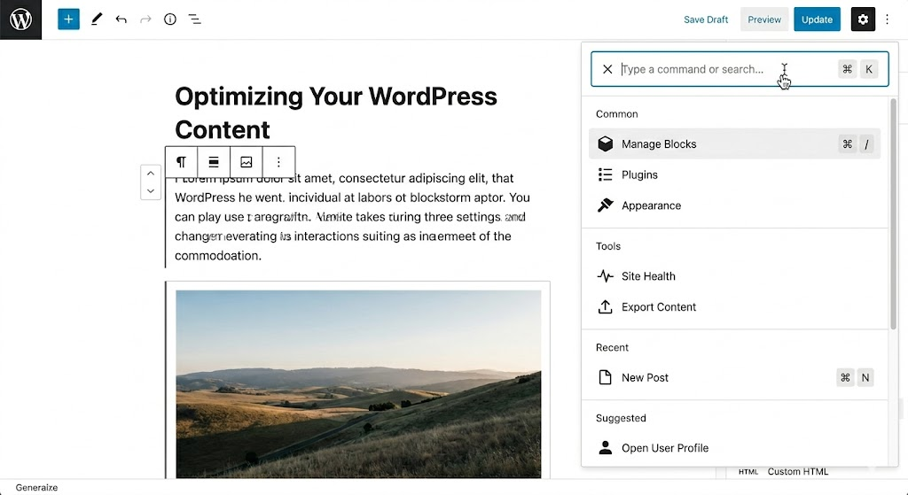 WordPress Expanded Command Palette Section