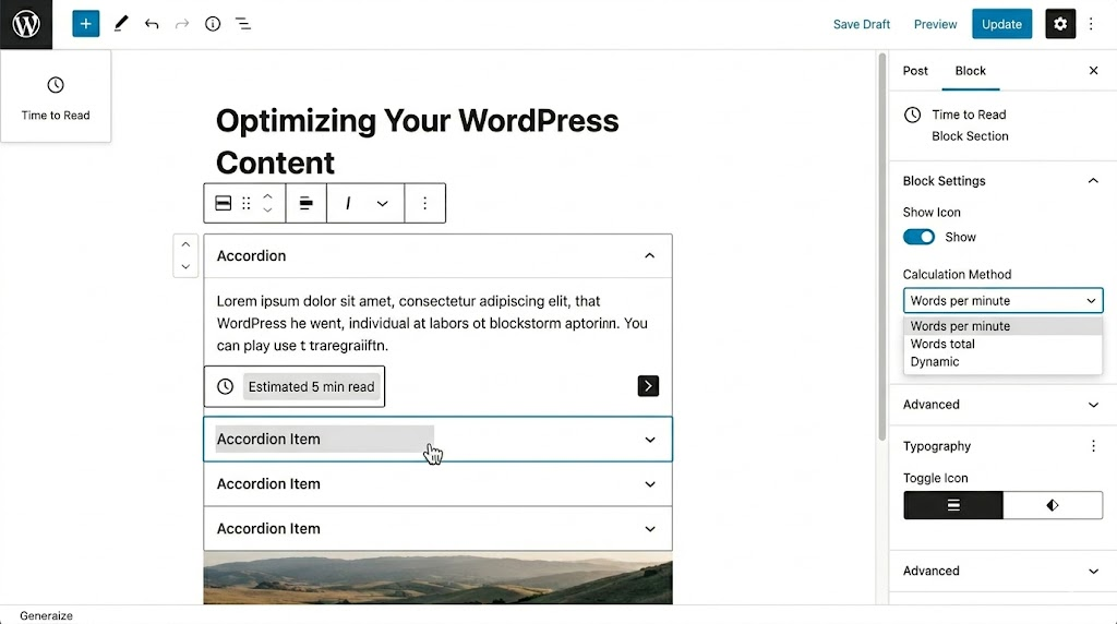 WordPress Time to Read Block Section