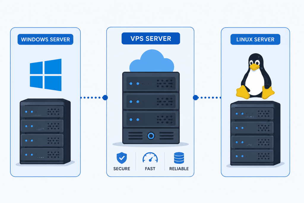 Windows VPS Hosting: The Complete ASP.NET & Windows Apps Guide 4 A side-by-side comparison graphic showing a Windows logo server icon on one side and a Linux penguin server icon on the other, connected by a central VPS server icon, flat vector style, blue and grey tones