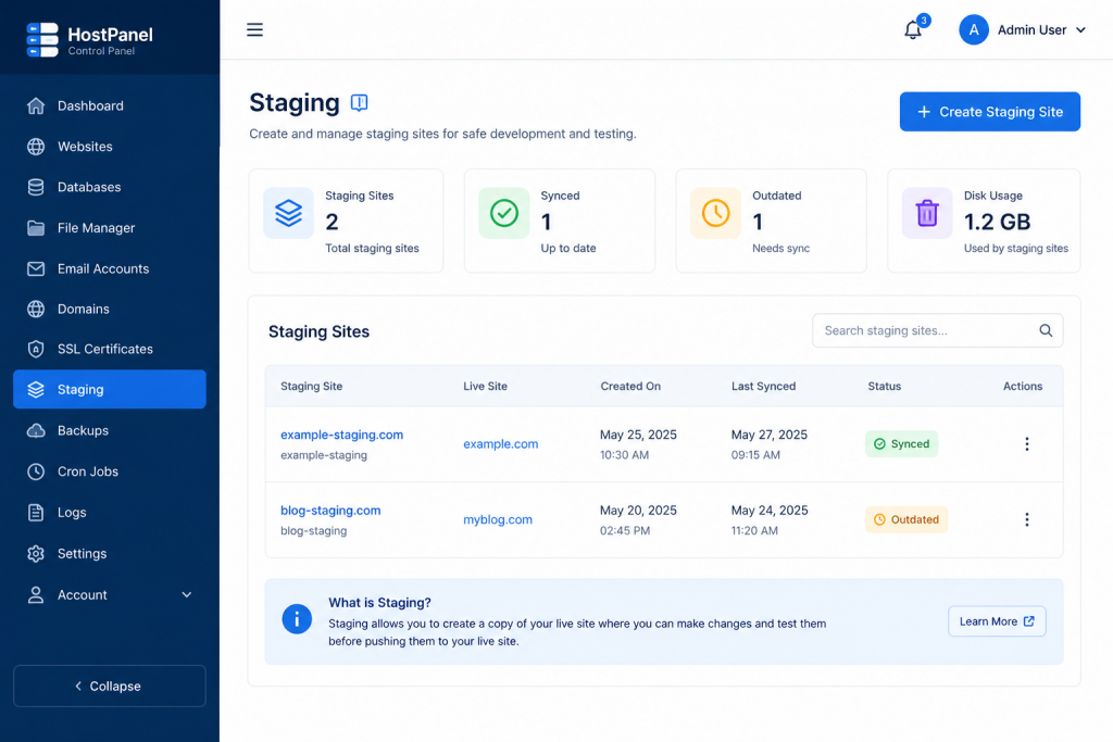 How to Set Up Staging Environments Directly in Your Hosting Dashboard 4 A mockup of a hosting control panel interface showing a sidebar menu with a highlighted "Staging" tab, and a main panel displaying a "Create Staging Site" button, clean modern dashboard UI design in blue and white