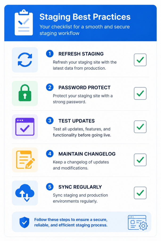 How to Set Up Staging Environments Directly in Your Hosting Dashboard 5 A checklist-style infographic with icons representing "refresh staging," "password lock," "test updates," "changelog notes," and "sync regularly," arranged vertically in a clean to-do list design