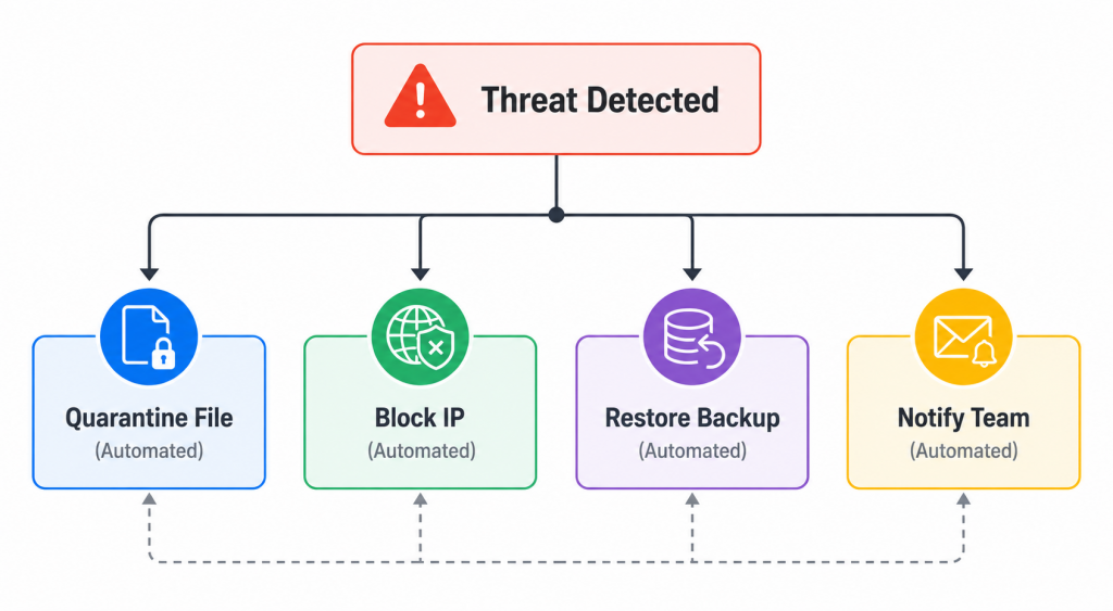 How to Use AI for Automated WordPress Security and Malware Scanning 5 A flowchart showing "Threat Detected" leading to four branching automated actions: "Quarantine File," "Block IP," "Restore Backup," "Notify Team," each with a small icon, in a clean horizontal infographic layout